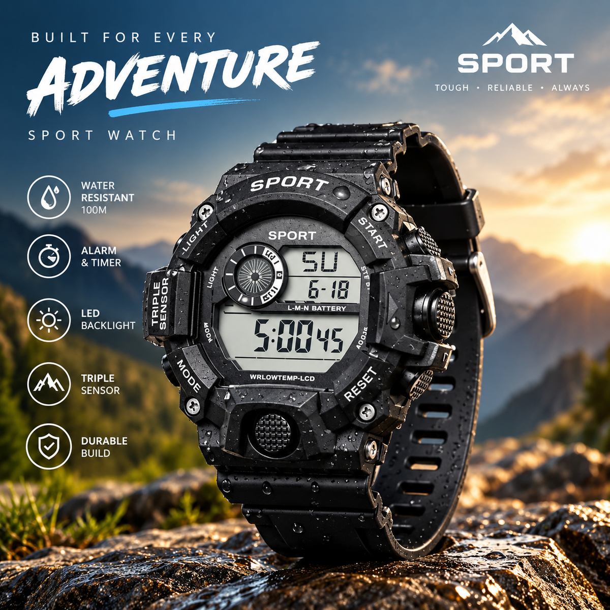 Digital Sport Wrist watch with Shock Resistant Case with Backlight Alarm Snooze Stopwatch