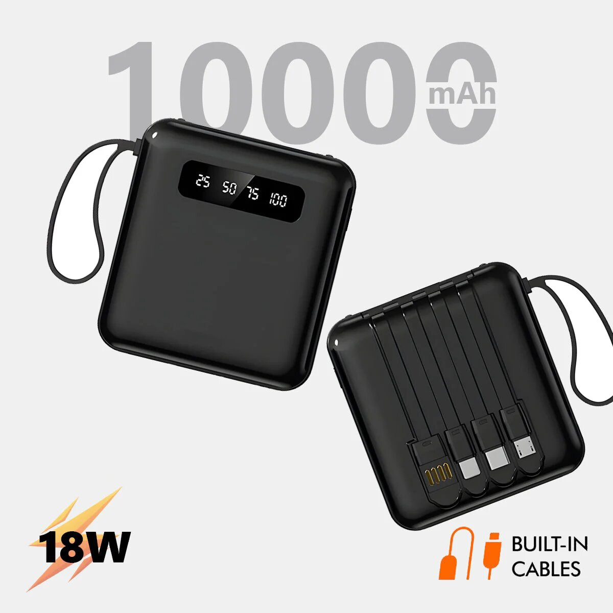 Mini 10000 mAh 15W Power Bank With 4 Cable attached