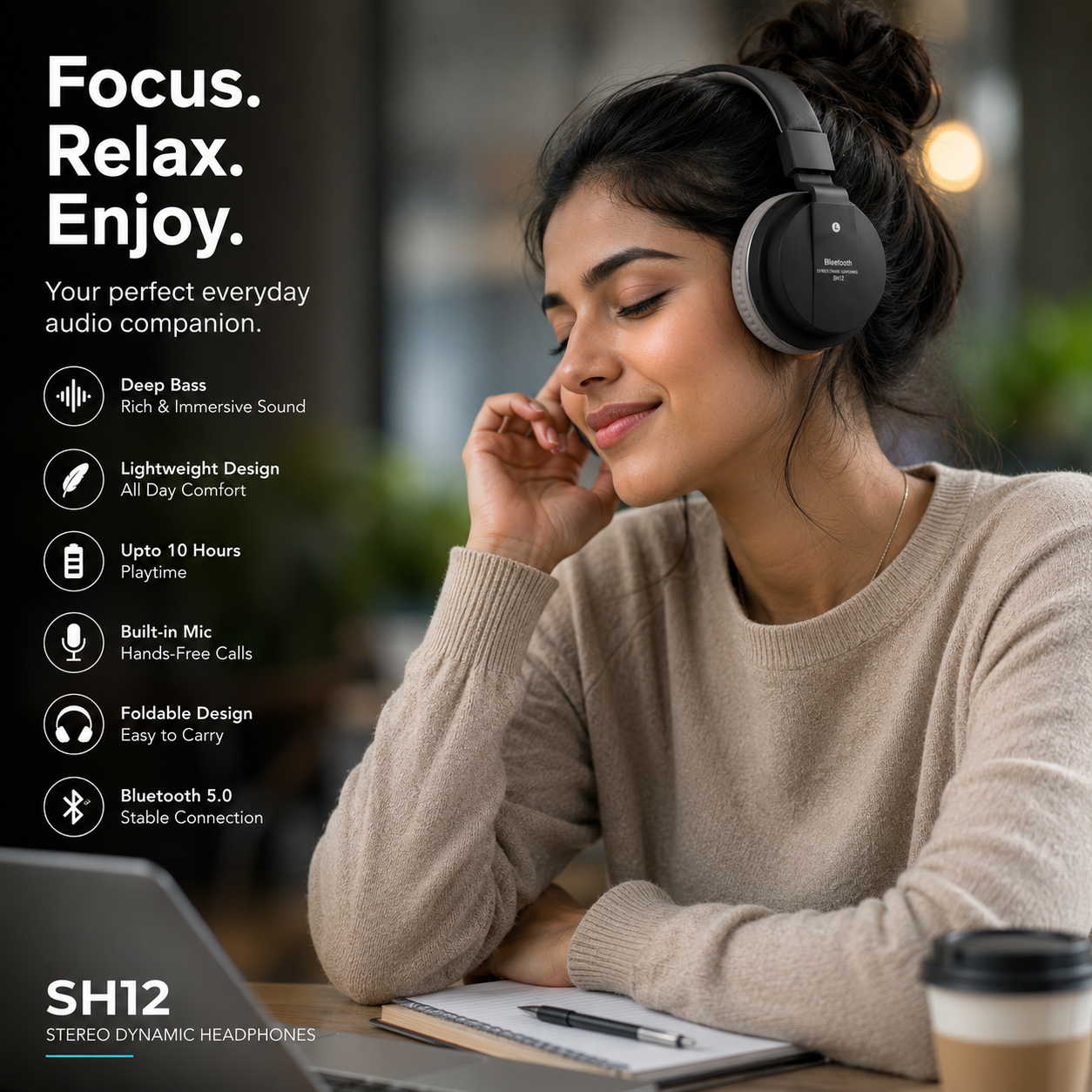 Wireless Over Ear Headphones with Mic (SH12)