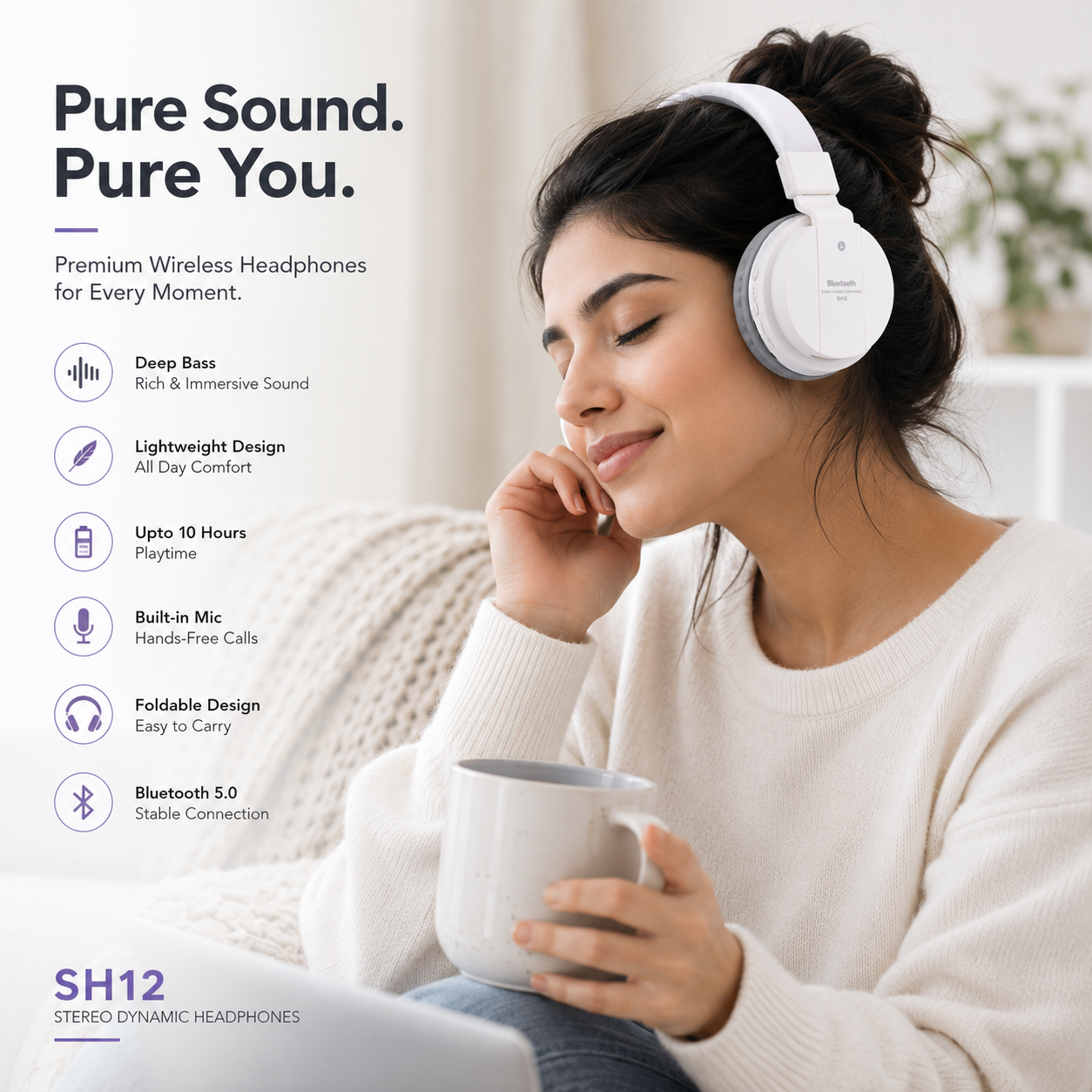 Wireless Over Ear Headphones with Mic (SH12)