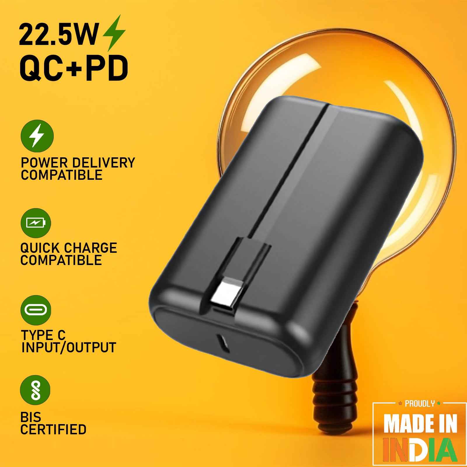 TexoVera 10000 mAh Power Bank 22.5W with 1 Cable Attached Black & White color (POCKET-10K)