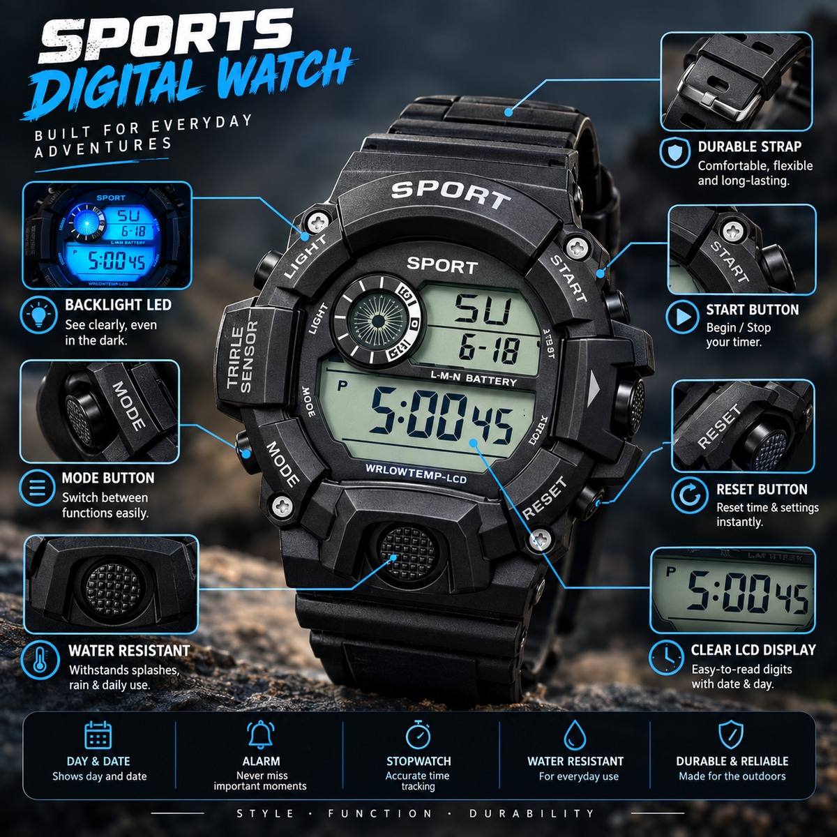 Digital Sport Wrist watch with Shock Resistant Case with Backlight Alarm Snooze Stopwatch
