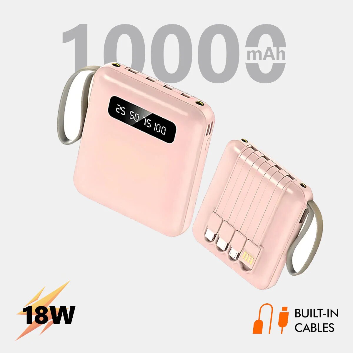 Mini 10000 mAh 15W Power Bank With 4 Cable attached