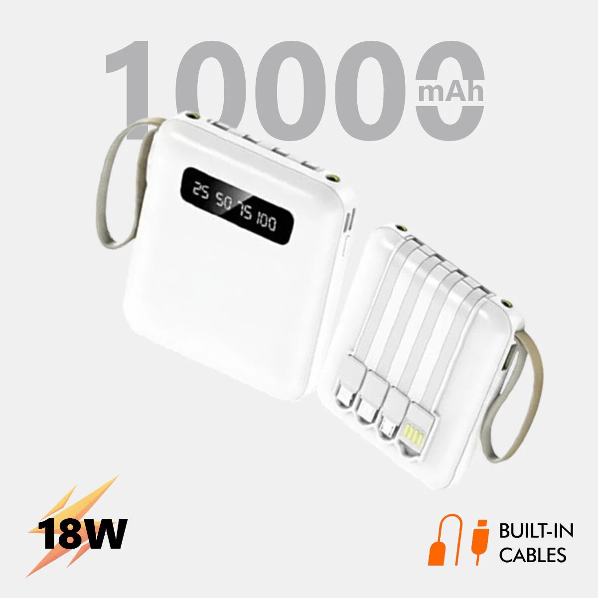 Mini 10000 mAh 15W Power Bank With 4 Cable attached