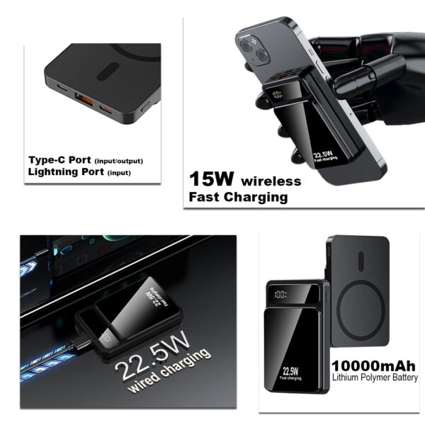 akvaari 10000 mAh Wireless Power Bank 15w Wireless, 25W Wired with Lithium Polymer Battery (Metal-look-digital)-Black - Image 4