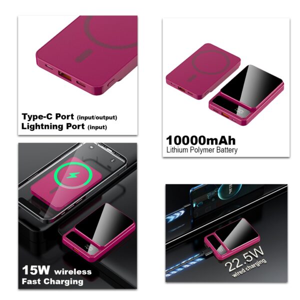 akvaari 10000 mAh Wireless Power Bank 15w Wireless, 25W Wired with Lithium Polymer Battery (Metal-look-digital)-Rose Red - Image 4