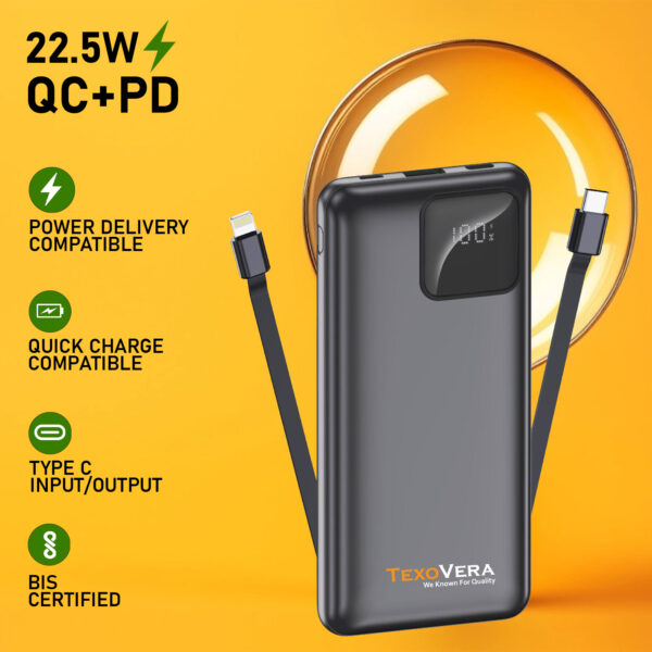 akvaari 10000 mAh Power Bank 25W with Lithium Polymer Battery (A201-2WIRE)-Black - Image 2
